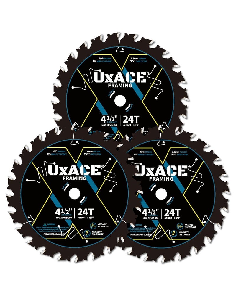 UXACE 4-1/2-Inch 24-Tooth Circular Saw Blade with 3/8-Inch Arbor, Framing Wood Cutting, Carbide Tip, Thin Kerf, for Plywood, MDF, OSB, Laminated, 3 Pack - Image 1
